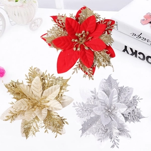 Artificial Christmas Poinsettia Flowers With Glitter For Christmas Tree Decorations Holiday Party Wedding Floral Decor