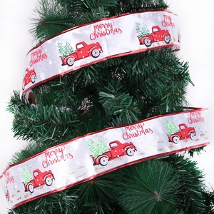 10M White Christmas ribbon with red truck print and Merry Christmas text on tree