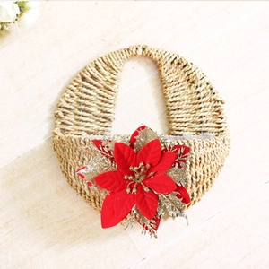 14cm Christmas red poinsettia straw wreath hanging basket with gold glitter accents