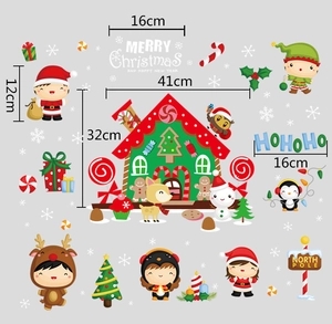 Detailed size chart of Christmas window stickers featuring gingerbread house and Santa