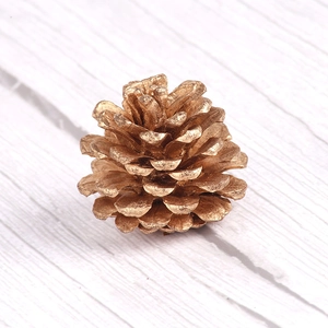 Detailed view of a decorative pine cone with a bright metallic gold finish for holiday decor