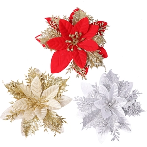 14cm glitter artificial poinsettia flowers in red, gold and silver for Christmas decor