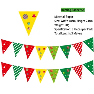 Detail view of 3-meter paper Christmas bunting banner with 8 colorful triangle flags