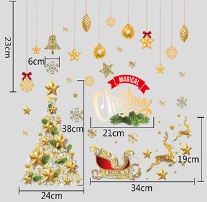 Detail of Christmas window stickers showing golden tree and reindeer with measurements