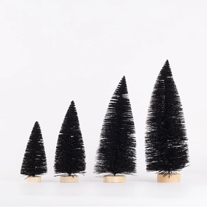 Set of four black mini pine trees with wooden bases in graduated sizes for Christmas decor