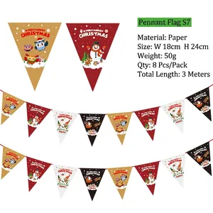 Close-up of paper Christmas pennant banner with cartoon snowmen and reindeer figures
