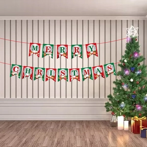 Detail showing Merry Christmas bunting banner with festive reindeer and penguin motifs