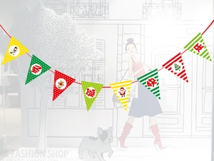 Detail of Christmas banner flags featuring Santa and Reindeer patterns on red string