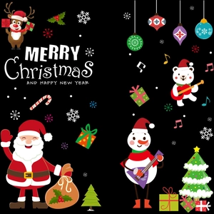 Detail of Christmas wall stickers featuring Santa, reindeer, and snowflakes decorations