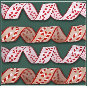 Detail of Christmas candy cane ribbon with red glitter patterns and burlap texture