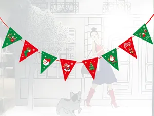 Detail of red and green Christmas triangle bunting banners with festive illustrations