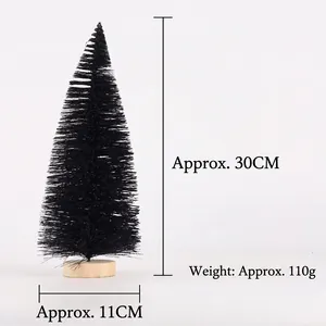 Detail of 30cm black sisal Christmas tree with a round wooden base and white powder dusting
