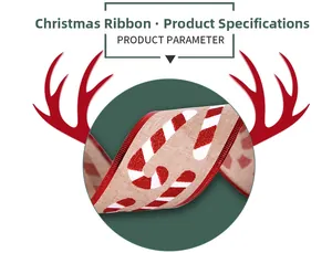 Close-up of faux linen Christmas ribbon with glitter candy cane pattern and red edges