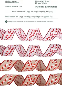 Detail view of 6.3cm Christmas ribbons with candy cane patterns in satin and linen