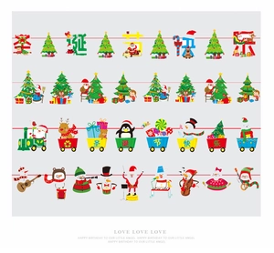 Detail of colorful Christmas paper bunting featuring Santa Claus and snowman patterns