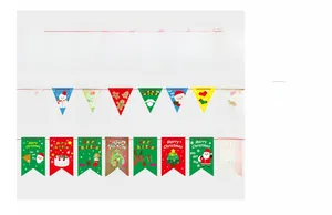 Detailed view of cardstock Christmas banners with Santa, reindeer and tree patterns