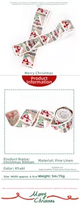 Détail du ruban de Noël en lin kaki de 5 m avec motifs de grange rouge et de sapin