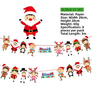 Detail view of 3m Christmas paper bunting featuring Santa, reindeer, and penguin cartoons