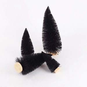 Set of four black sisal mini Christmas trees with round wooden bases for festive table decor