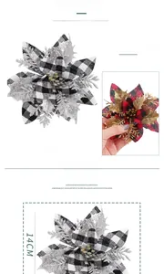 Close-up of 14cm buffalo plaid Christmas poinsettia flowers with glitter leaves and berries
