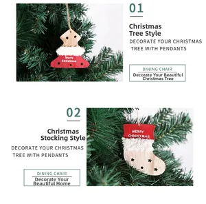 Détails de suspensions de Noël en bois, forme sapin et chaussette, avec peluche blanche