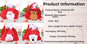 Detailed size chart for Christmas non-woven gift bags featuring Santa and Reindeer motifs
