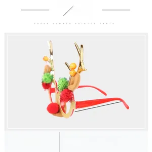 Detail view of red Christmas glasses with gold antlers and dimensions of 14CM temple length