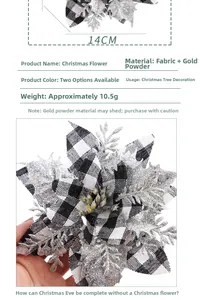 Close-up of 14cm black and white plaid Christmas flower with silver glitter fabric edges