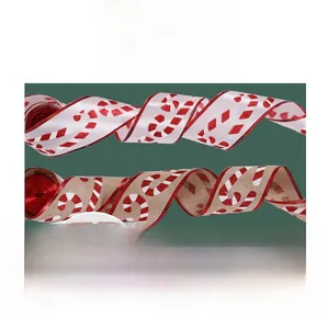 Detail showing Christmas candy cane ribbon patterns on satin and burlap fabric textures