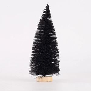 Miniature black bottle brush Christmas tree with natural round wood base for desk decor