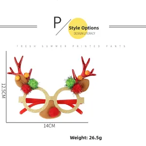 Detailed view of Christmas elk glasses with red antlers and fluffy pom poms for party decor