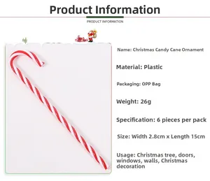 Detail of red and white striped plastic Christmas candy cane pendants in a six-piece set