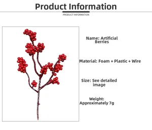 Detailed specs of artificial red berry branches made of foam, plastic and wire materials
