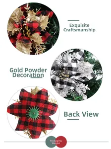 Detail of glitter-edged plaid Christmas flower ornaments showing craftsmanship and back pin