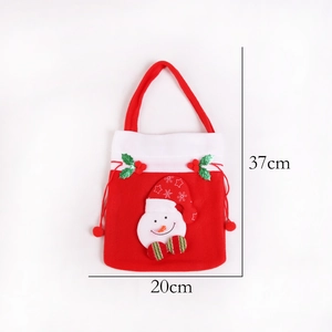Detail view of 37x20cm red Christmas snowman drawstring gift bag with measurements