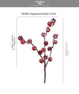 Detail showing dimensions of red artificial foam berries with festive snow-like texture