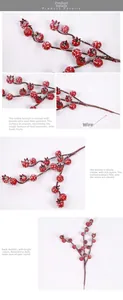 Macro detail of red foam Christmas berries with snowy texture and wire stem structure