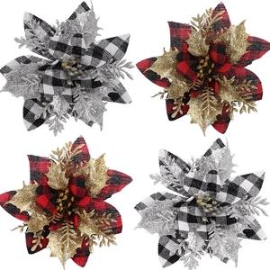 Artificial Christmas Poinsettia Flower Glitter Buffalo Plaid Fabric For Christmas Tree Decor Festive Party Ornament