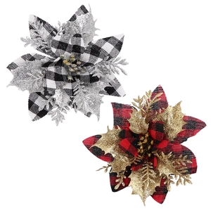 14cm Buffalo Plaid Christmas Flowers with Glittered Leaves for Tree Decoration