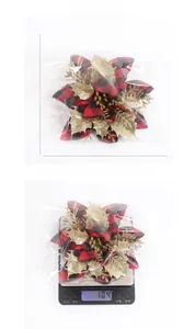 Detailed view of grey checkered Christmas flower with size markers and weight data