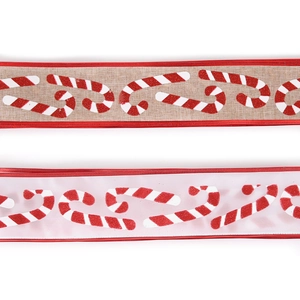 Christmas burlap and satin ribbons with candy cane patterns and red stitched edges