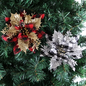 14cm Christmas glitter poinsettia flowers with plaid petals for holiday tree decoration