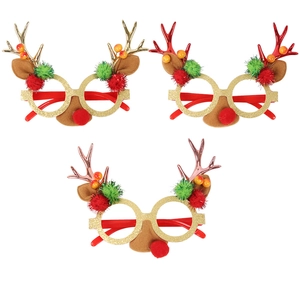 Three pairs of Christmas reindeer antler glasses frames with glitter and pom pom decorations