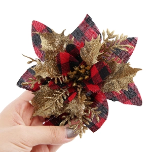 14cm Christmas flower with red black plaid fabric and gold glitter leaves for tree decor