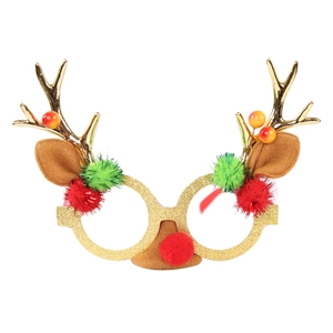 Christmas reindeer antler glasses with gold glitter frame and plush pom poms for party fun