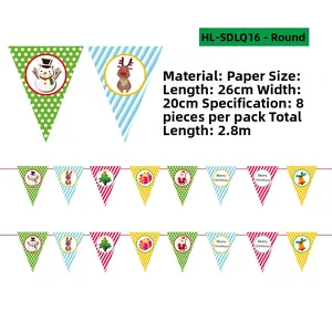 Detail of Merry Christmas paper bunting flags featuring Santa and reindeer on white background