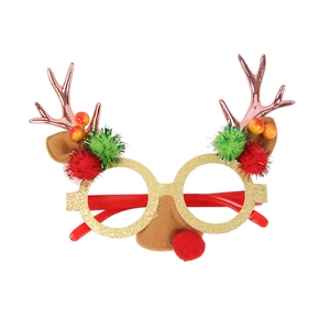 Christmas reindeer antler glasses with pom poms and gold glitter frame for holiday parties