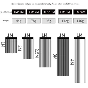 Size chart showing dimensions and weight specifications for neon macaron party tinsel curtains