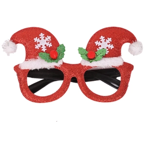 Christmas party glasses with red sequins, Santa hat design and white snowflake patterns