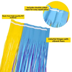 Detail of yellow and light blue fringe curtain showing PET material and adhesive tape